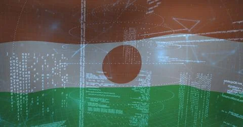 Displaying 3D Niger flag floating in cyberspace, streaming code, grid floor, Foto stock