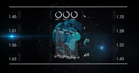 Displaying 3D particle-based globe rotating on HUD interface, with numeric input Foto stock