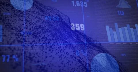Displaying 3D particle wave flowing across blue grid dashboard with bar chart Stock Illustration