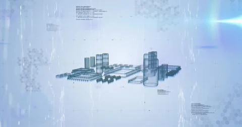 Displaying 3D plant wireframe centered on blue CAD canvas showing tanks, decks, イラスト素材