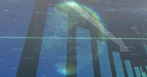 Displaying 3D point-cloud globe hovering over digital dashboard, with bar charts Illustrazione stock