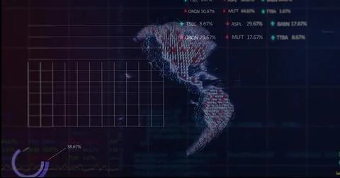 Displaying 3D point-cloud map of Americas on dark data dashboard, with grid, Illustrazione stock