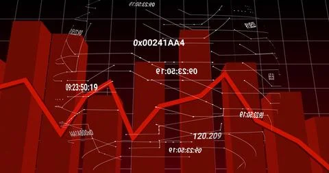 Displaying 3D red bar chart and line graph in dashboard, with numeric Illustrazione stock