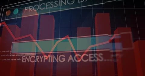 Displaying 3D red bar chart tracing red-orange line graph on data HUD, Illustrazione stock