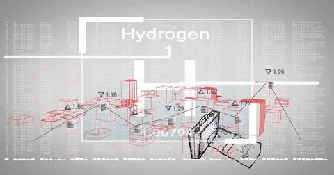 Displaying 3D red blocks annotating hydrogen metrics on virtual schema, 스톡 사진