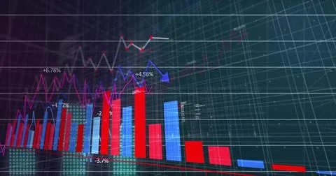 Displaying 3D red blue bars, pink-white line overlays, percentages, blue arrow Stock Illustration