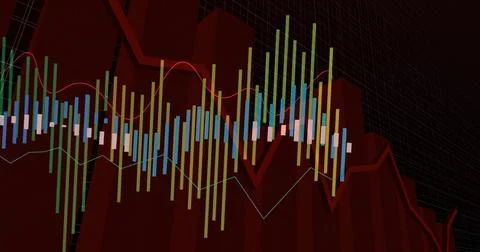 Displaying 3D red columns and multicolored bar segments over black grid Stock Photos