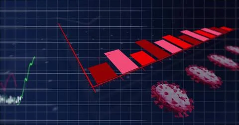 Displaying 3D red-pink bar chart in dashboard, with floating virus icons and Illustrazione stock