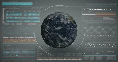 Displaying 3D-rendered globe with network nodes and panels in control center, Illustrazione stock
