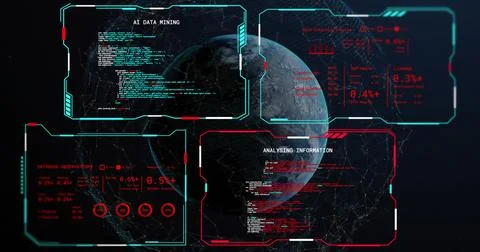 Displaying 3D rendered globe rotating at center in dark starfield, with cyan red Stock Photos