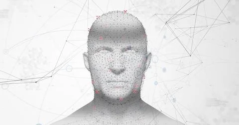 Displaying 3D-rendered human head in data space, featuring red-blue nodes, hex Fotos de archivo
