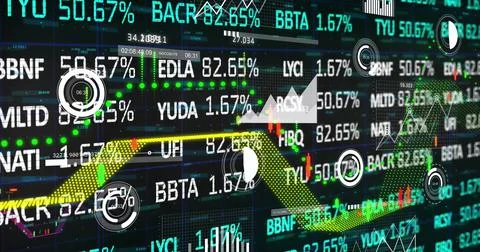 Displaying 3D ribbon line graph arrow across trading dashboard, with ticker Foto stock