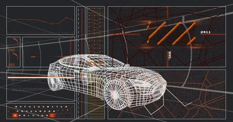 Displaying 3D sedan wireframe in virtual environment, showing graph readouts, Stockillustratie