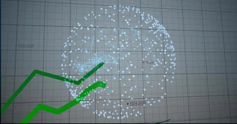 Displaying 3D sphere point-cloud on grid, with green zigzag trend lines, Stockillustratie