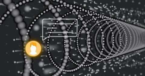 Displaying 3D spiral of white and grey dots streaming past glowing avatar icon Stock Illustration