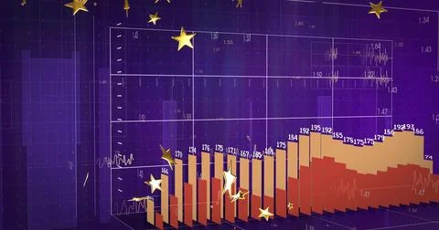 Displaying 3D stacked bar chart rising across purple grid plane, with numeric Stock Photos