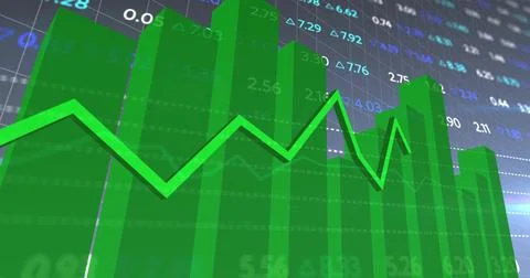 Displaying 3D translucent green bar chart and line graph on trading gridlines, Foto stock