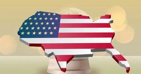 Displaying 3D US map featuring stars and stripes flag on pedestal in studio, Stock Photos