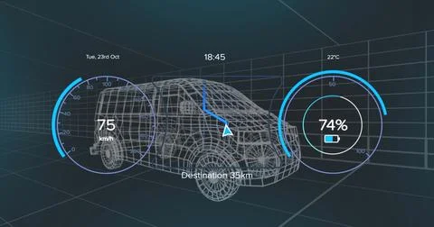 Displaying 3D van wireframe moving within virtual grid with speedometer, 스톡 일러스트