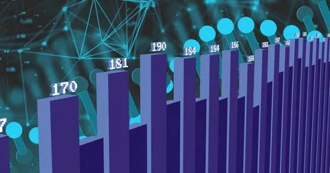 Displaying 3D violet bar chart with numeric labels in analytics, with connecting Stock Photos