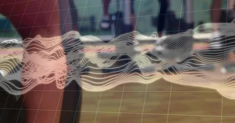 Displaying 3D wave hovering in demo room, showing grid overlay and blurred legs Stock Photos