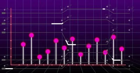 Displaying 3D white bars rising on purple gradient grid background, with glowing Foto stock