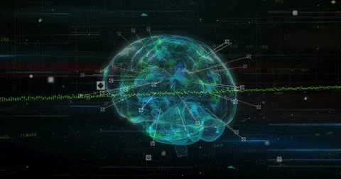 Displaying 3D wireframe brain hologram in grid, with illuminated nodes and Stock Illustration
