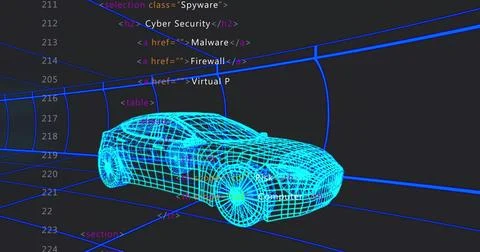 Displaying 3D wireframe car model rotating in code editor view with blue grid Stock Illustration