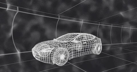 Displaying 3D wireframe car model navigating virtual grid environment, featuring 스톡 일러스트