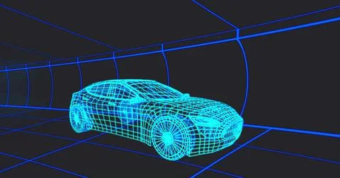 Displaying 3D wireframe car model occupying center in virtual tunnel of glowing Stock Illustration