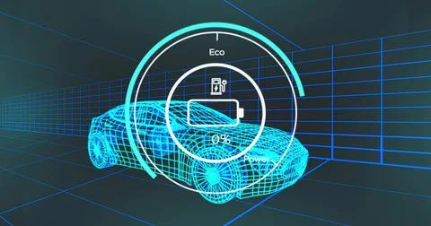 Displaying 3D wireframe car model on glowing blue grid floor, walls, with UI Stock Illustration