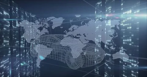Displaying 3D wireframe car model in data grid, with data columns showing world Illustrazione stock