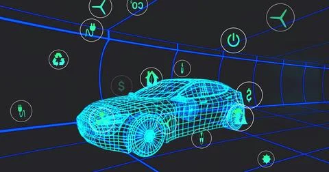 Displaying 3D wireframe car model rotating inside neon-blue grid tunnel, with Stock Illustration