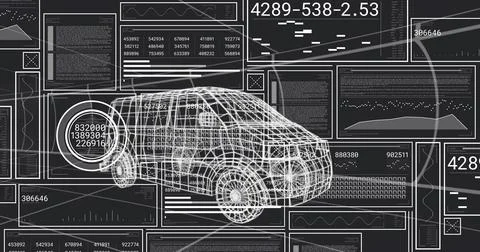 Displaying 3D wireframe car model rotating in engineering UI, with HUD and data Stock Illustration