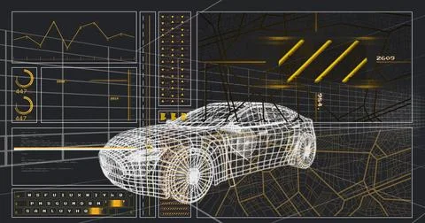 Displaying 3D wireframe car model floating in software interface, with line Stock Photos