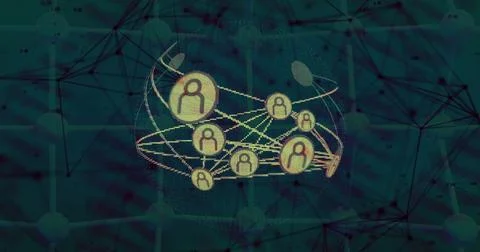 Displaying 3D wireframe globe in dark teal network space, with floating user Illustrazione stock