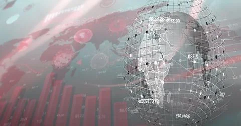 Displaying 3D wireframe globe on screen with red map, virus icons, bar chart, Foto stock