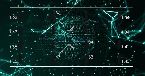 Displaying 3D wireframe globe spinning at virtual data network field, with white 写真素材