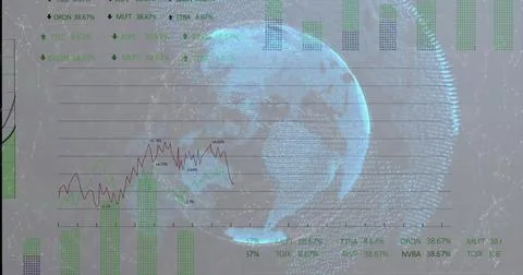 Displaying 3D wireframe globe in virtual dashboard, showing green bar charts and Stock Illustration