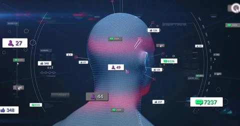 Displaying 3D wireframe head floating on virtual dashboard, with numeric labels Stock Photos