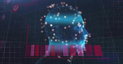 Displaying 3D wireframe head model on data console, with facial recognition 스톡 사진