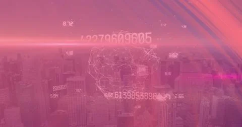 Displaying 3D wireframe head over pink-tinted urban skyline, with numeric Stock Photos