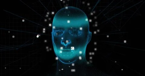 Displaying 3D wireframe head radiating data in cyberspace, with camera-icon Stock Illustration