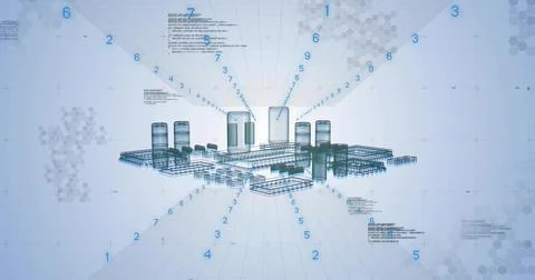 Displaying 3D wireframe industrial facility on light blue grid, showing tanks Illustrazione stock