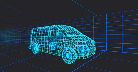 Displaying 3D wireframe minivan rotating in virtual design studio, with glowing Illustrazione stock