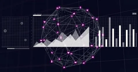 Displaying 3D wireframe network globe pulsing on dark virtual dashboard, showing Stock Photos
