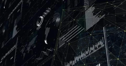 Displaying 3D wireframe network projecting rising bar and line charts on dark Stock Illustration
