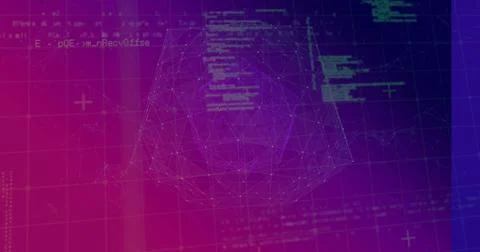 Displaying 3D wireframe polyhedron hovering over grid in UI, with floating code Stock Illustration