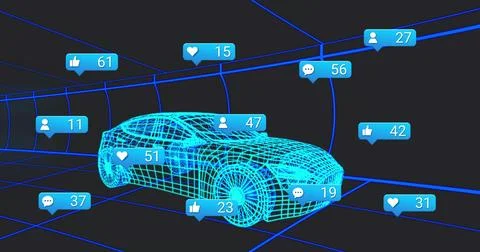 Displaying 3D wireframe sedan rotating inside neon cyan grid, with floating s Stock Illustration