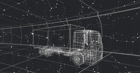 Displaying 3D wireframe semi-trailer truck floating in virtual space, with grid Stockillustratie